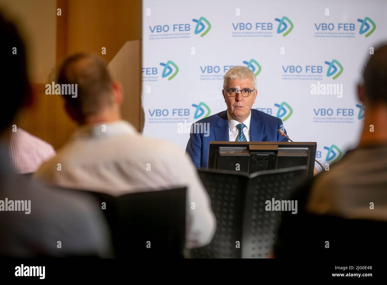 FEB-VBO CEO Pieter Timmermans pictured during the 'Focus Conjoncture/Focus Conjunctuur' press conference of the VBO-FEB (Federation of Enterprises in Belgium - Verbond van Belgische Ondernemingen - Federation des Entreprises de Belgique) in Brussels, Wednesday 06 July 2022. Twice a year, the VBO-FEB surveys its sectoral federations to measure the 'economic temperature'. BELGA PHOTO HATIM KAGHAT Stock Photo