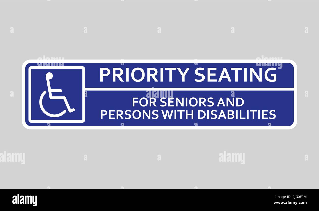 Priority seating sign in public transport for seniors and Disabilities person pictogram. Bus infographics, plate on blue background. Vector Stock Vector