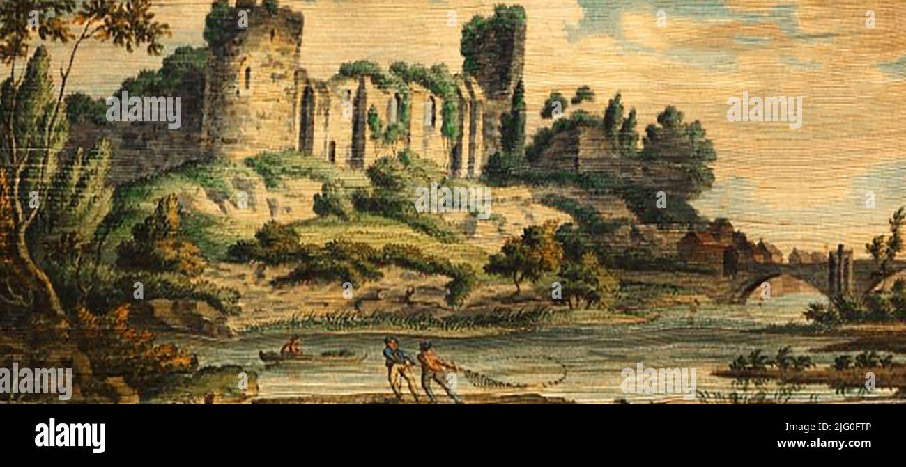 An old image of the castle ruins at Barnard Castle, County Durham, UK in 1812 printed on cloth. The earliest  stone castle was built on the site of an earlier defended position from between 1095 t and 1125 by Guy de Balliol (later extended).  A later resident Sir Henry Vane. decided to make Raby his principal residence and Barnard Castle was abandoned around 1626. In reference to the building,  the phrase 'Barney Castle' in County Durham refers to anything that is a pathetic excuse. Stock Photo