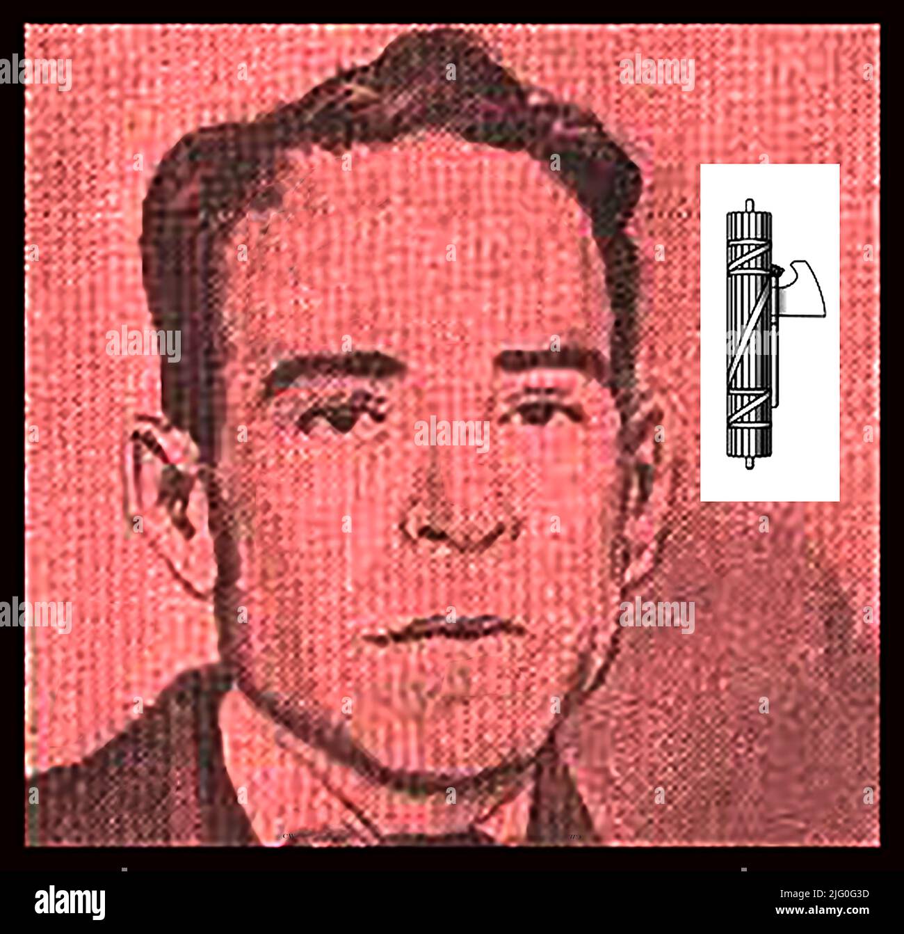 Portrait of Italian born US  anarchist Niccolo Sacco (inset is the fascist fasces symbol). Two  US  Italian migrants Sacco &  Vanzetti     were controversially accused of being anarchists who had murdered a guard and a paymaster during an armed robbery at the Slater and Morrill Shoe Company in Braintree, Massachusetts. They were found guilty and were executed in the electric chair at Charlestown State Prison on July 14, 1921. Some believe that they were innocent scapegoats used  as a convenient means to put a stop to their militant activities supporting   Galleanists. Stock Photo