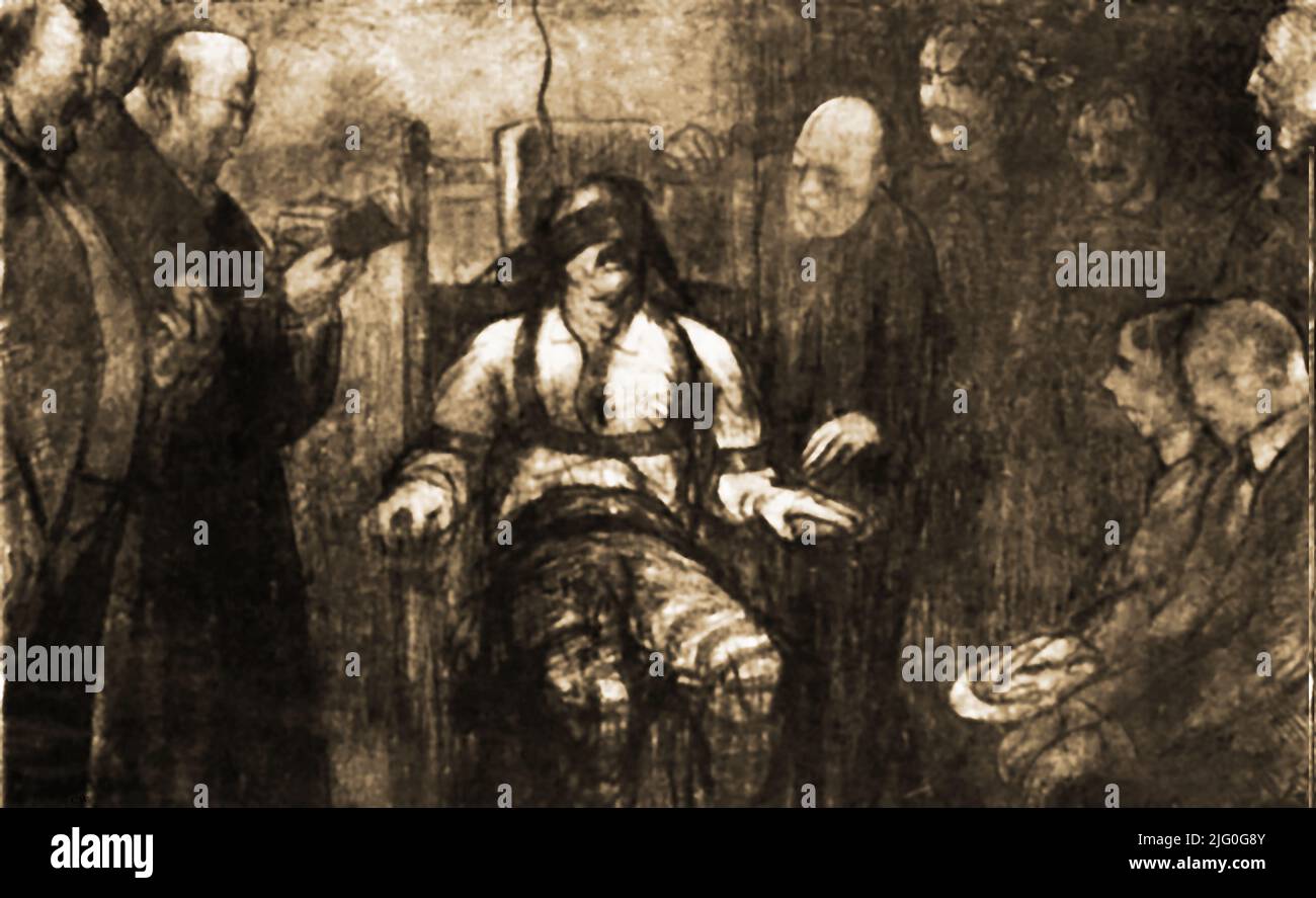A 1917 eye-witnesses sketch at the execution of a USA prisoner in the electric chair, a method of execution originated in the USA whereby a prisoner is confined in a specially built wooden chair and is electrocuted  via electrodes fastened on the head and legs. A priest can be seen reading the man's last rites. The method was conceived by Alfred Porter Southwick (1826–1898) who was both  a steam-boat engineer and dentist   from Buffalo, New York. It was first used in 1890 Stock Photo