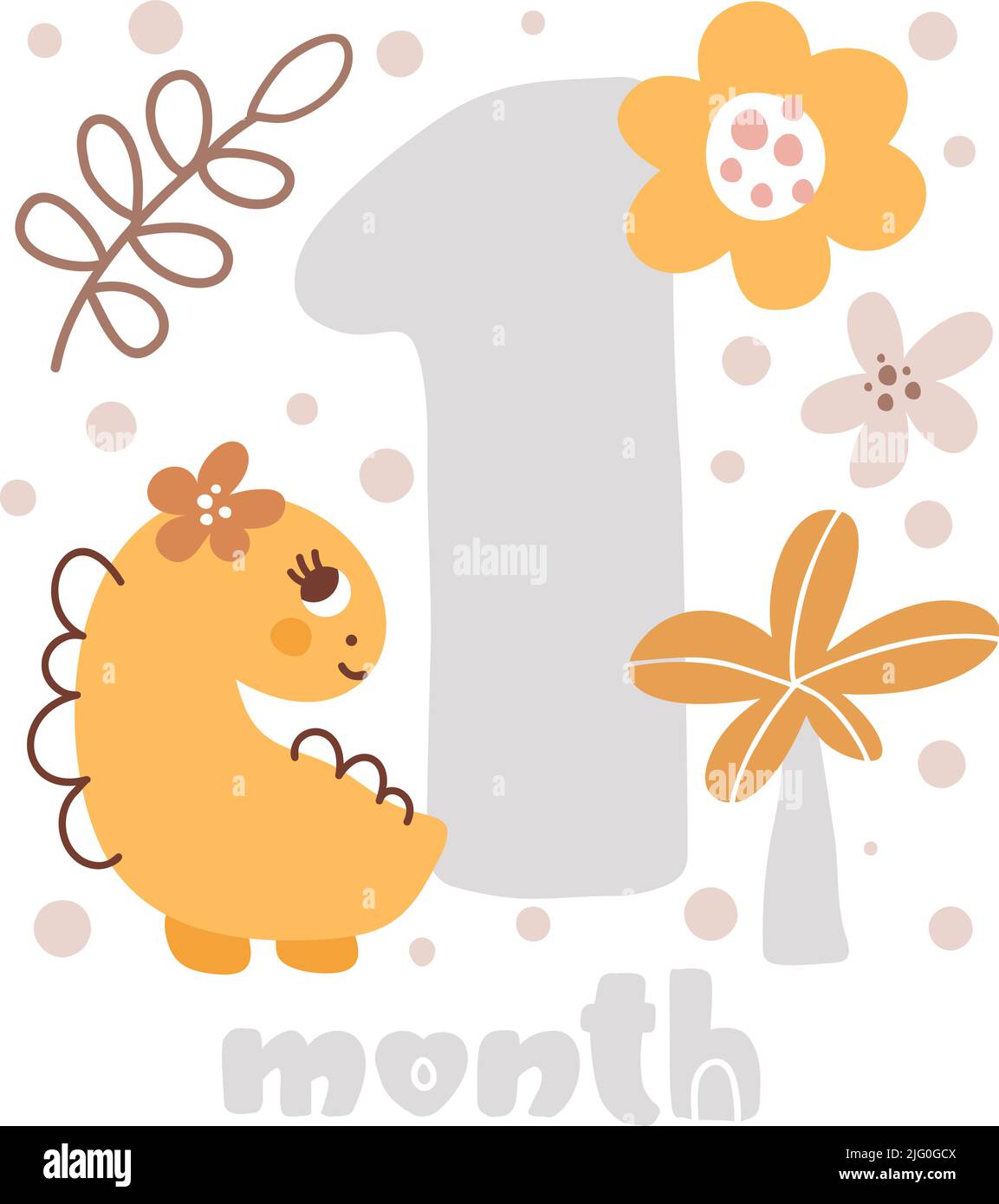 1 one month Baby month anniversary card metrics. Baby shower print with cute animal dino, flowers and palm capturing all special moments. Baby Stock Vector