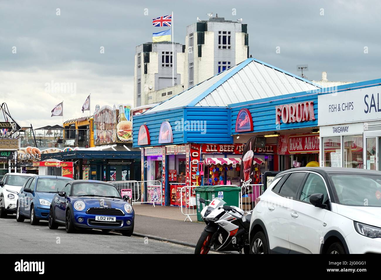 Felixstowe, Suffolk, UK - 6 July 2022: Mannings and other amusement arcades on the sea front. Stock Photo