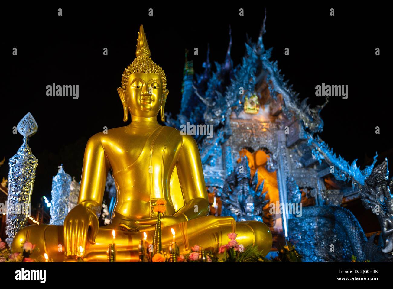 Night shot of the Wat Si Suphan silver temple illuminated at night, Chiang Mai, Thailand Stock Photo