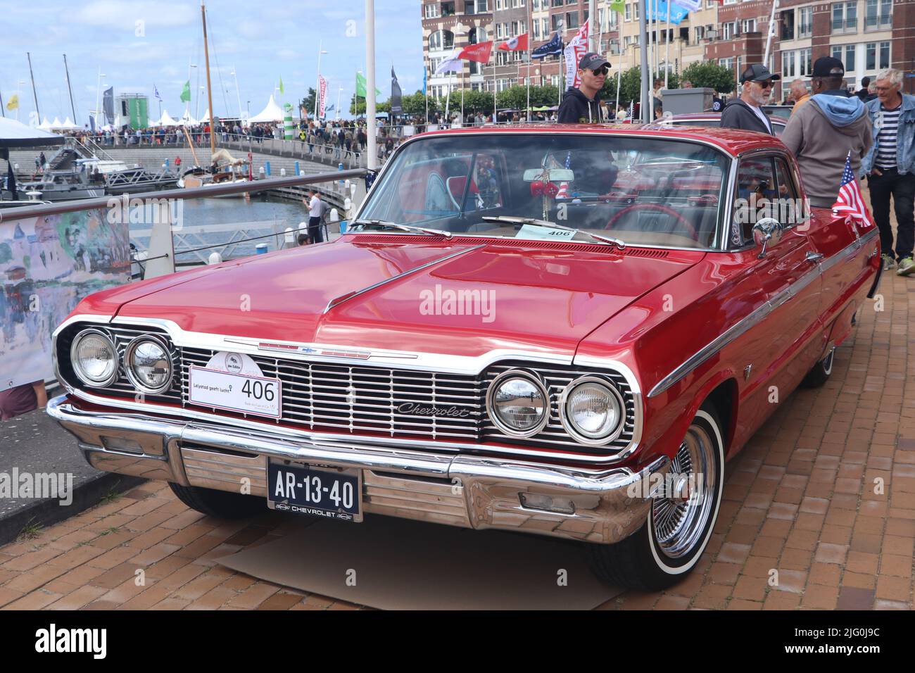 red american classic Chevrolet Impala car on old timer day at harbour Lelystad, the Netherlands Stock Photo