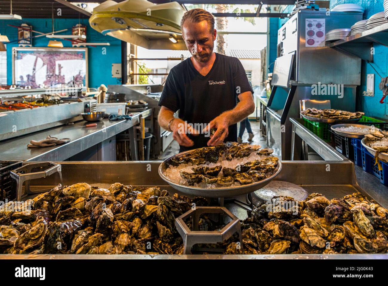 In the beach pavilion Tarbouriech Le St Barth large quantities of oysters are eaten fresh Stock Photo