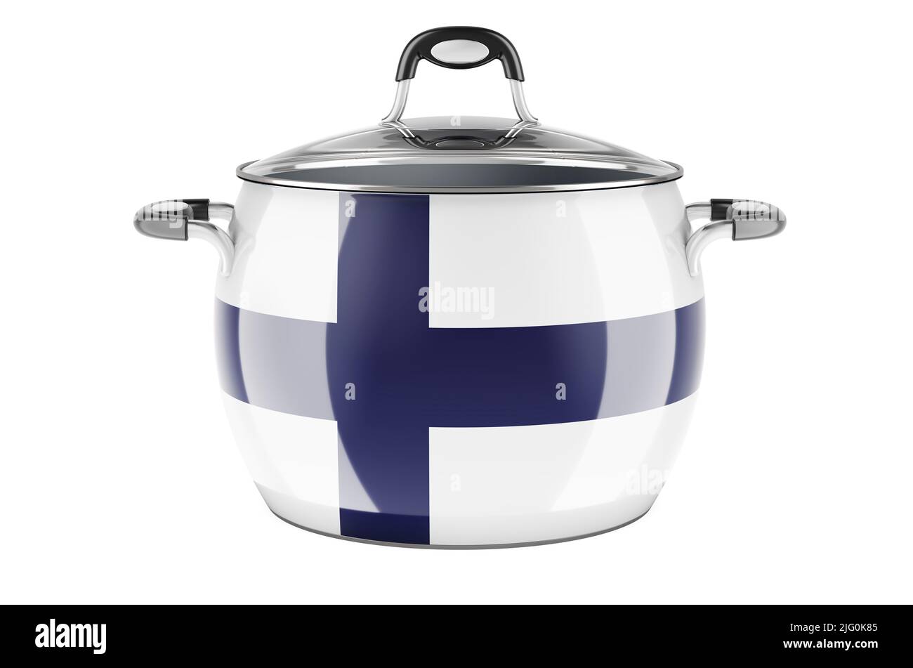 Finnish national cuisine concept. Finnish flag painted on the stainless steel stock pot. 3D rendering isolated on white background Stock Photo