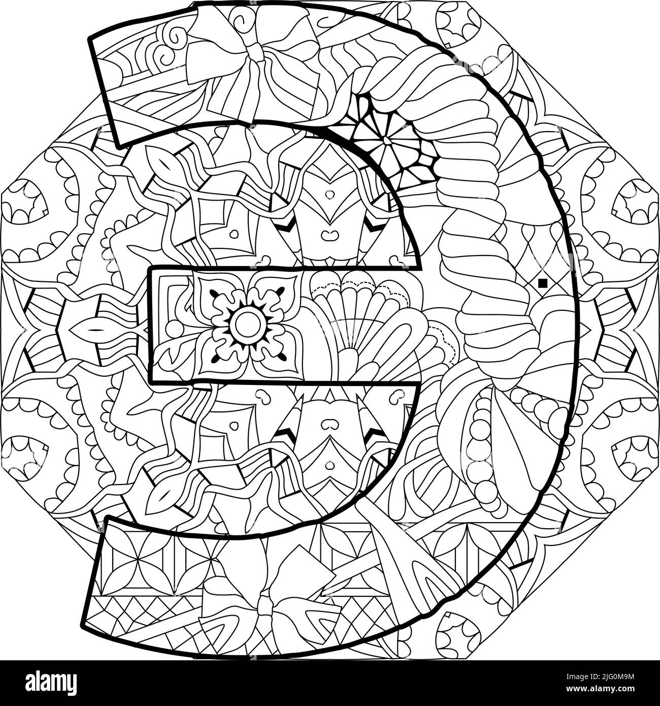 Hand-painted art design. Letter Ey cyrillic zentangle object on mandala for coloring. Stock Vector