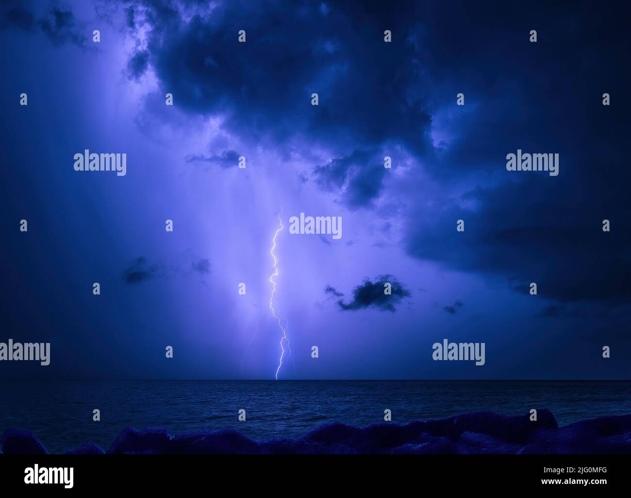 Night Lightning storm over the Gulf of Mexico in Venice Florida USA Stock Photo