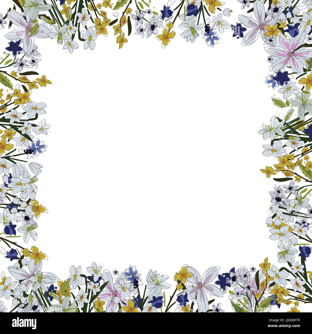 Vector floral frame. Sketchy flowers arrange in border on white