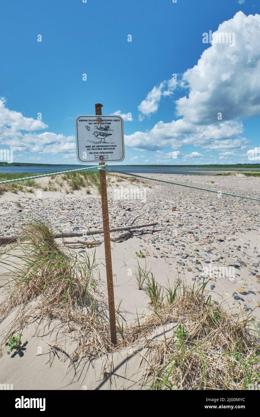 Sign at the Big Glace Bay Lake Migratory Bird Sanctuary cautioning people not to disturb or enter a Piping Plover breeding area. Stock Photo