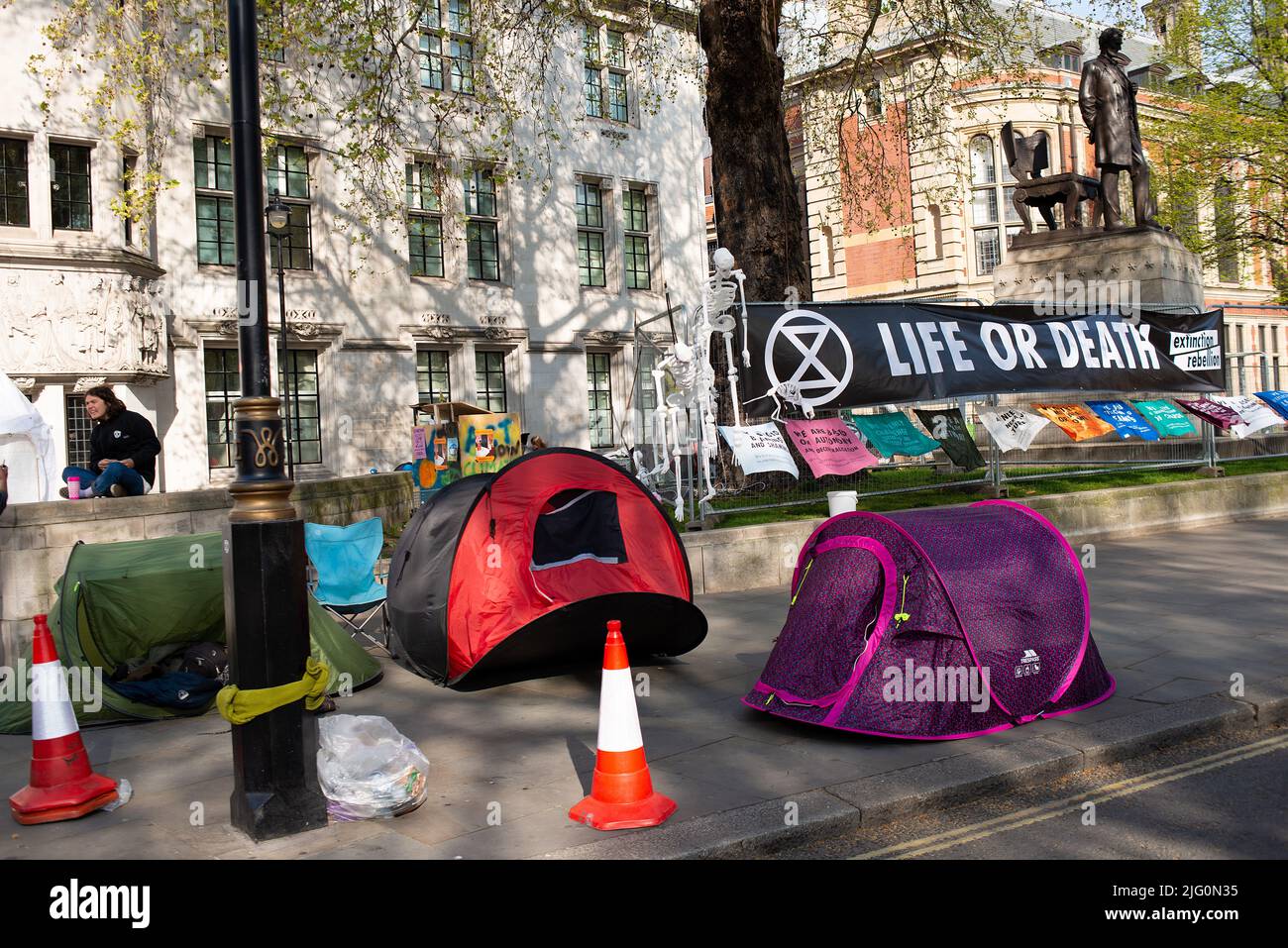 Extinction Rebellion supporters block Parliament Square, London, with tents, in protest against world climate change and ecological collapse. Stock Photo