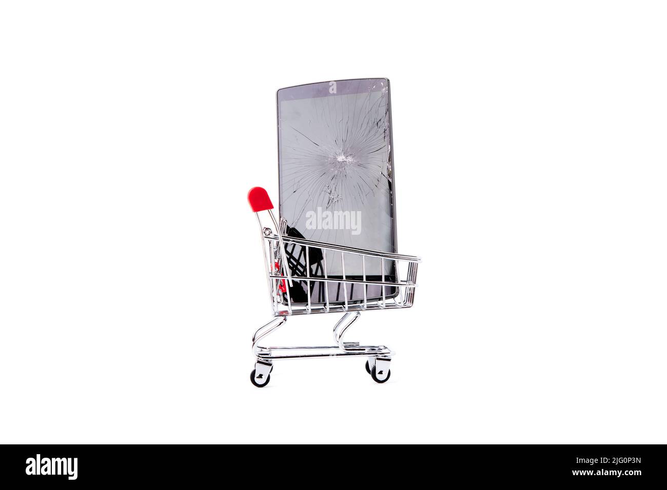 Mobile with broken screen inside a shopping cart. Safety concept