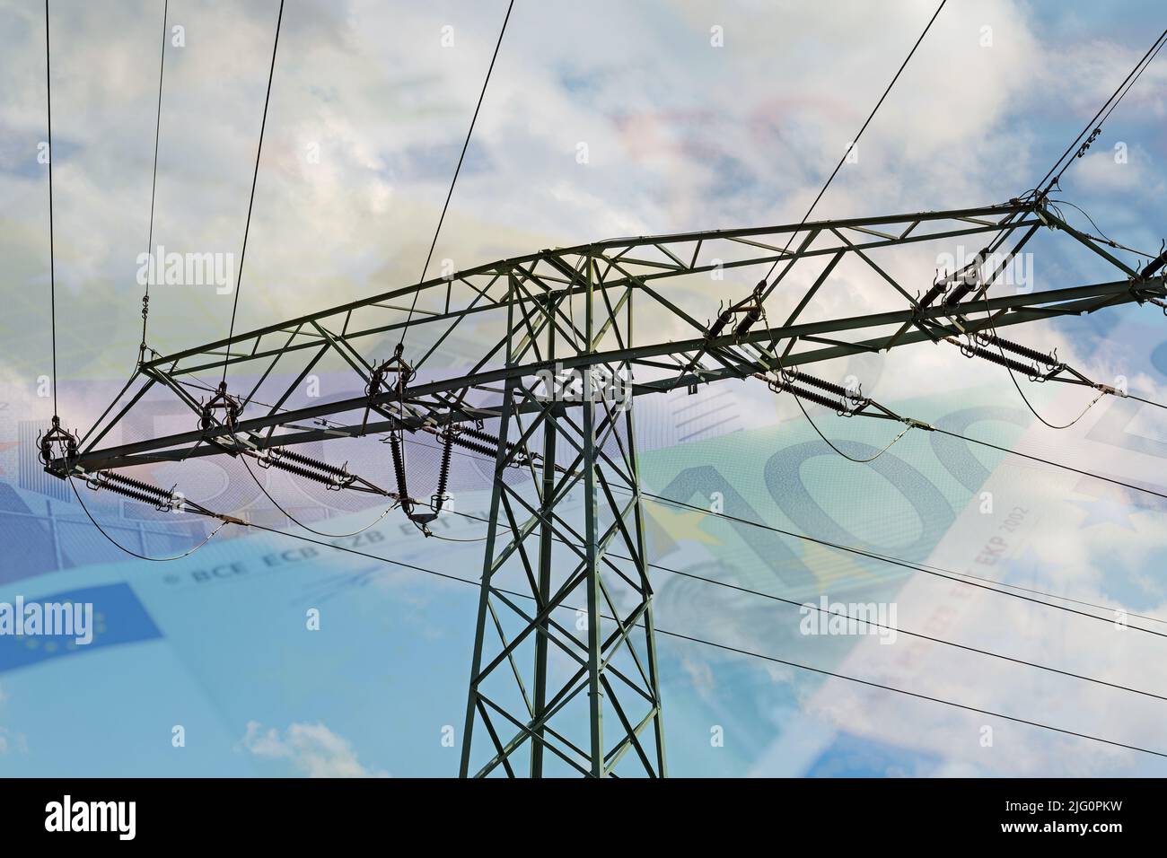 Power pole and banknotes in the background, symbolic of energy costs Stock Photo