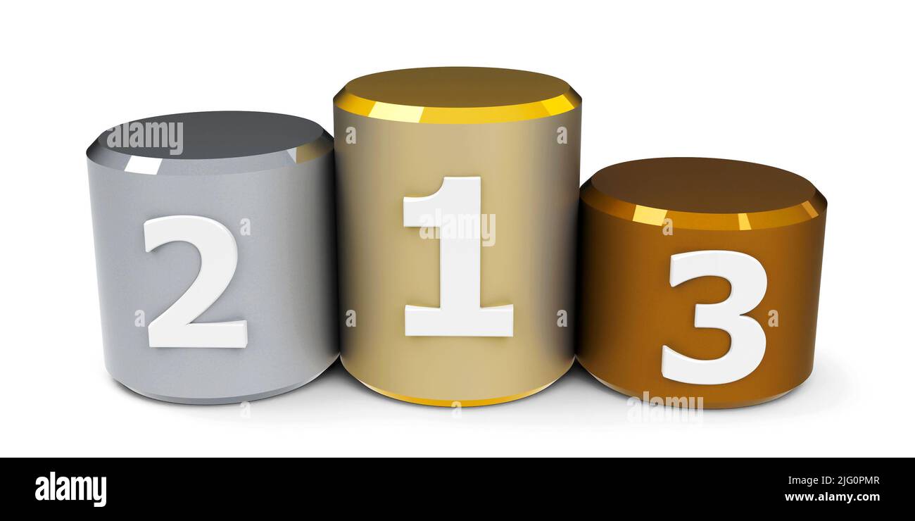 Metal cylinder podium with three rank places, three-dimensional rendering, 3D illustration Stock Photo