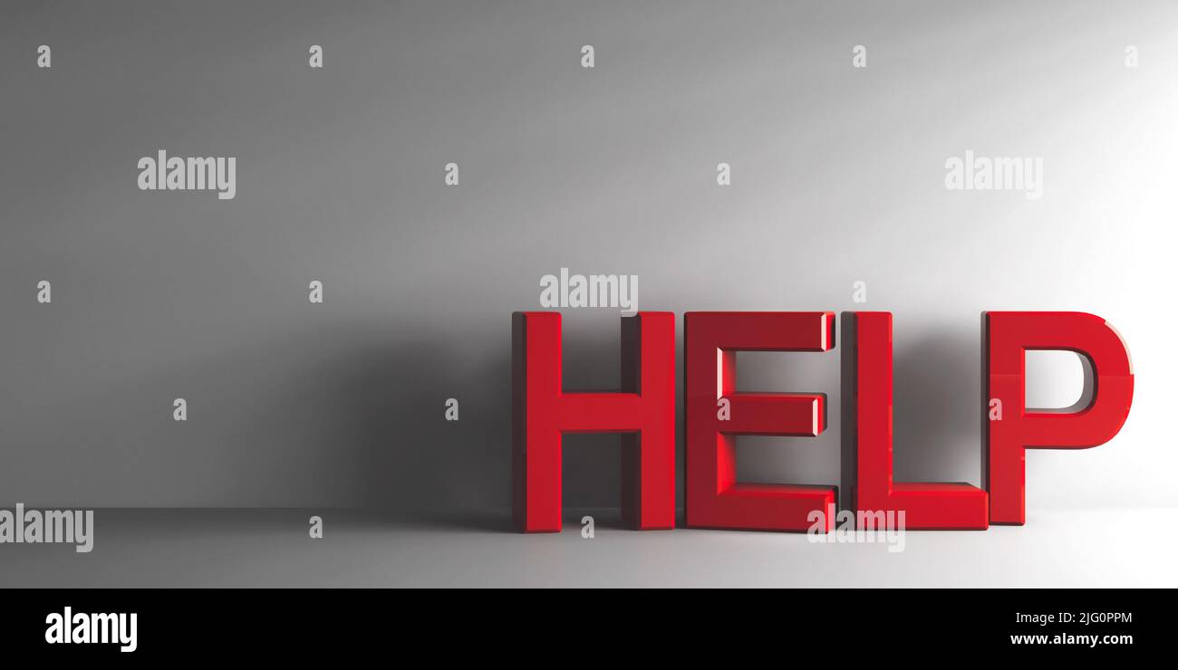 Red Help on grey background, three-dimensional rendering, 3D illustration Stock Photo