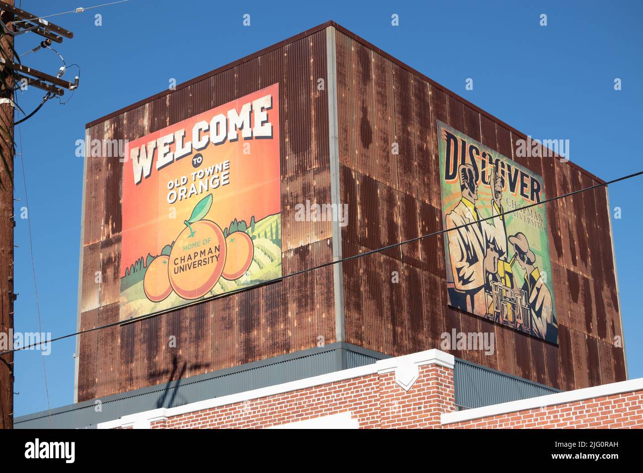 Old Towne Orange welcome sgin near the railway and Chapman University Orange Southern California USA Stock Photo