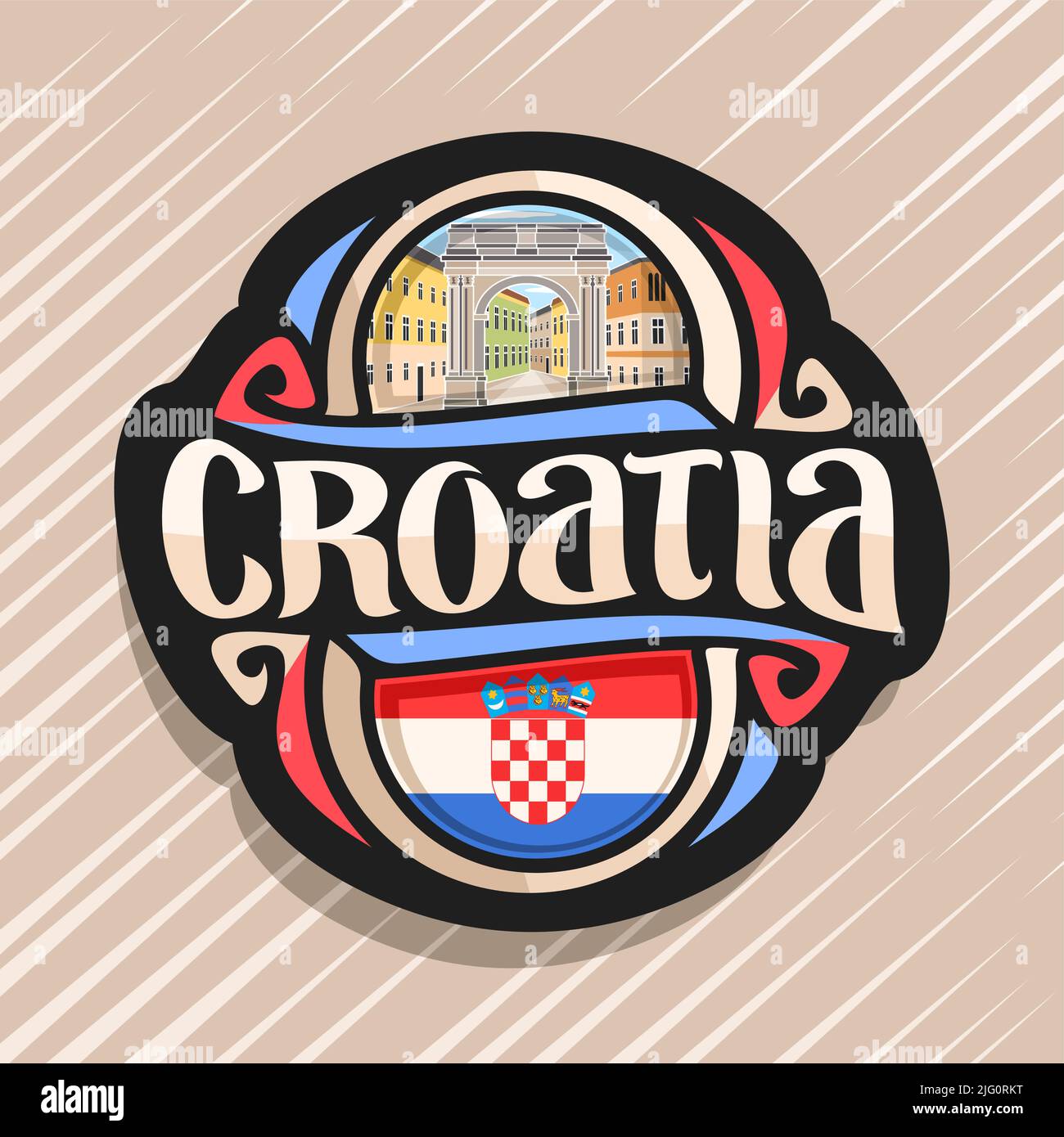 Vector logo for Croatia country, fridge magnet with croatian flag, original brush typeface for word croatia and national croatian symbol - Triumphal A Stock Vector