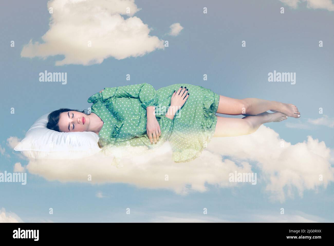 Sleeping beauty hovering in air. Relaxed girl in vintage ruffle dress lying comfortably on pillow levitating, keeping eyes closed watching dreams in the sky. collage composition on day cloudy blue sky Stock Photo