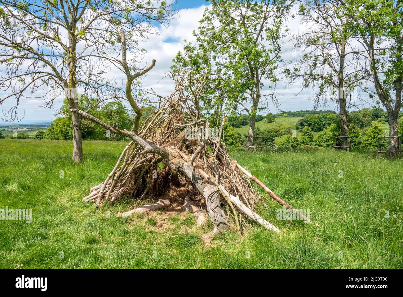 woodland den created with sticks and branches among the trees in the English countryside Stock Photo