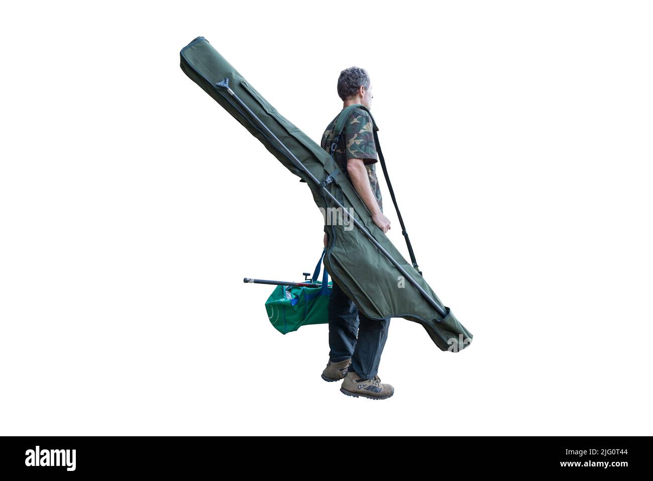 Fishing adventures, carp fishing. Fisherman with a fishing rods holdall on white background Stock Photo
