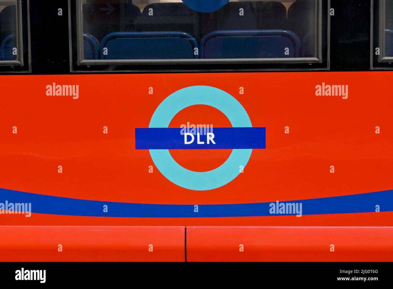 London, England - June 2022: Close up view of the symbol on the side of a train on the Docklands Light Railway Stock Photo