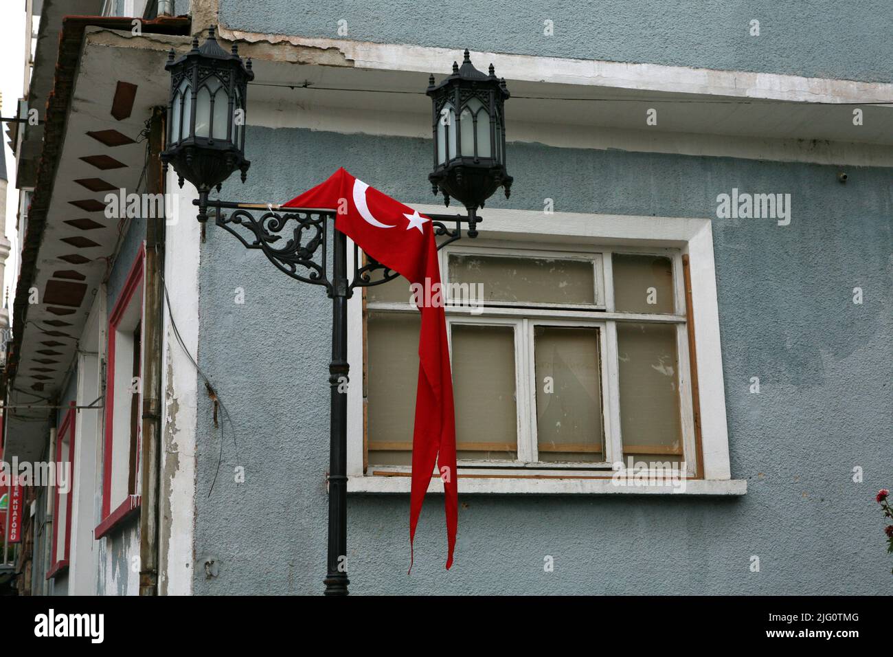 Turkish national flag fixed on the street lamp in Edirne, Turkey. Stock Photo