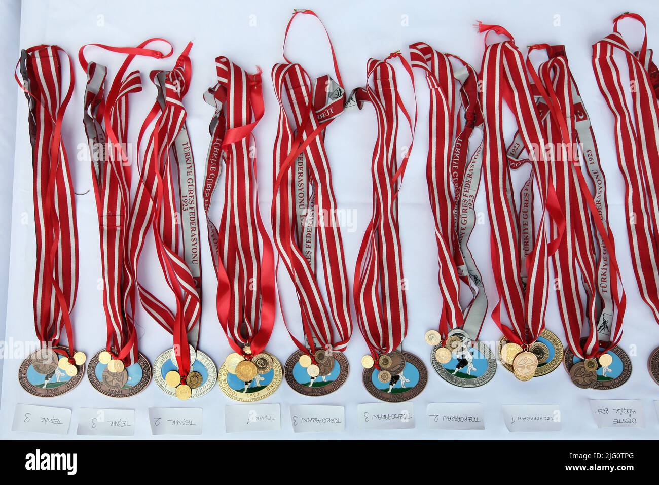 Kırkpınar (Turkish Oil Wrestling). Medals for winners pictured during the 648th Kırkpınar Tournament in Edirne, Turkey, on 5 July 2009. Stock Photo