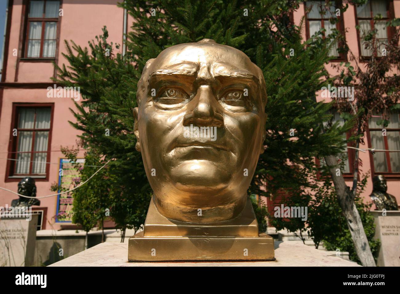 Gilded bust of Mustafa Kemal Atatürk installed in front of the Kırkpınar House (Turkish Oil Wrestling Museum) in Edirne, Turkey. Stock Photo