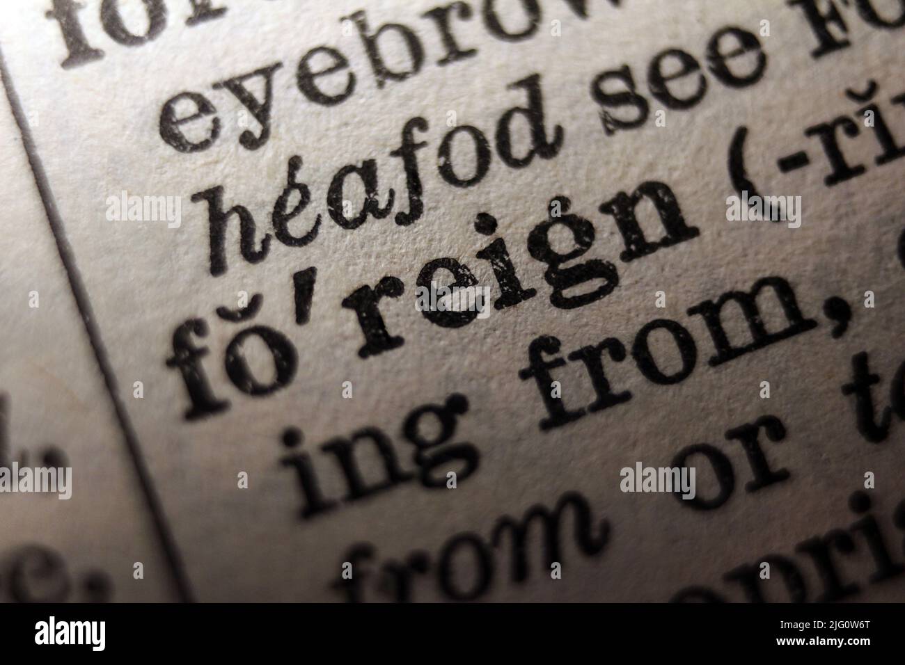 Word 'foreign' printed on dictionary page, macro close-up Stock Photo