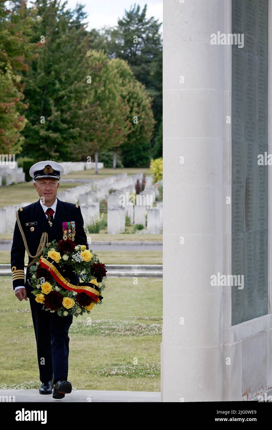 Sun 3rd July 22. Captain (Naval) Flamant, Belgian Defence Attaché arrives at the Brookwood 1939-45 Memorial for a service dedicated to Belgian WW2 Secret Agents of F Section SOE. Stock Photo