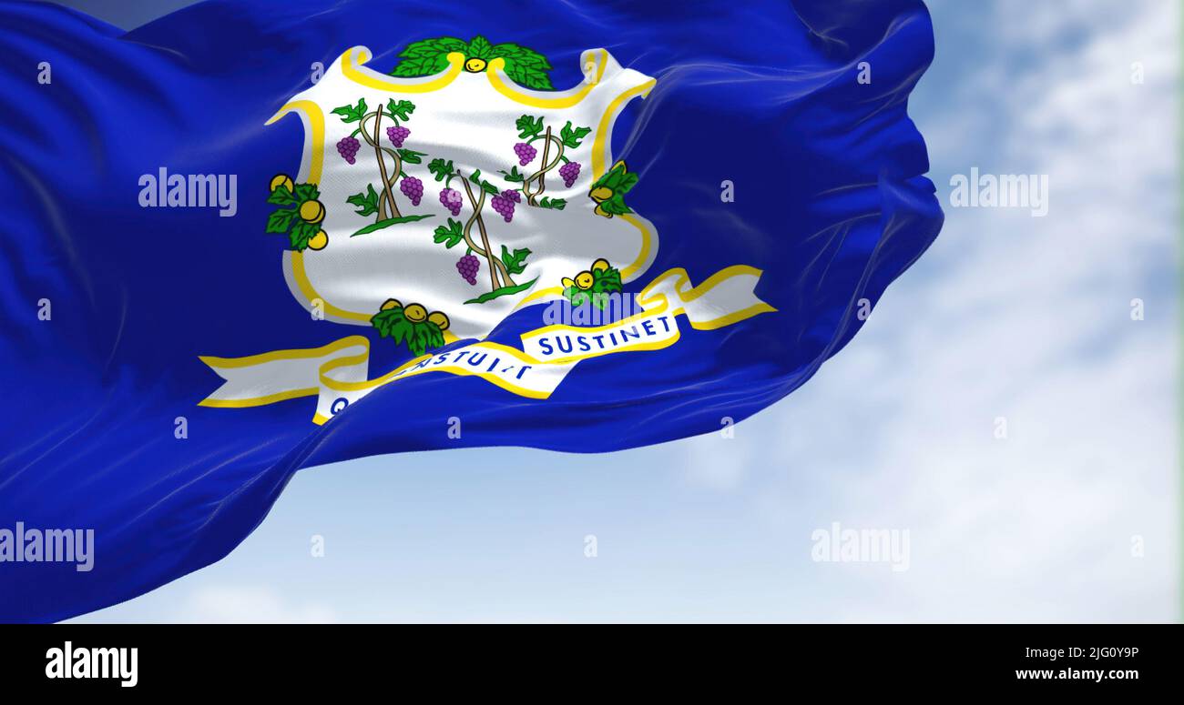 The state flag of Connecticut waving in the wind. Connecticut is the southernmost state in the New England region of the United States. Democracy and Stock Photo