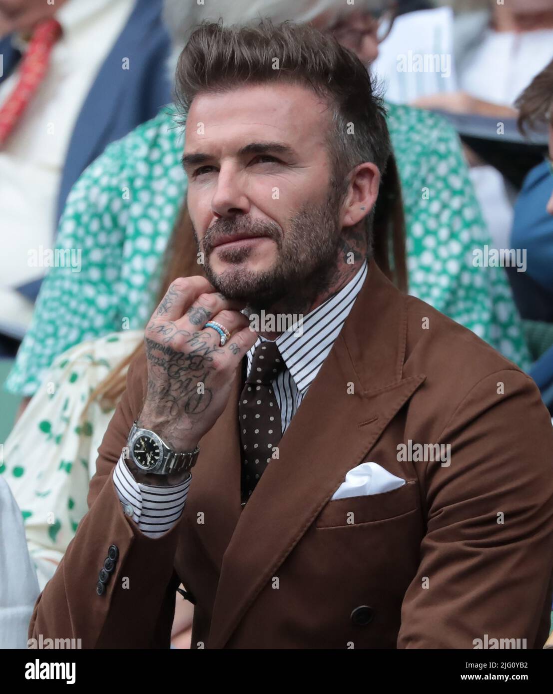 London, UK. 06th July, 2022. British footballer David Beckham watches the  tennis from the Royal box on day ten of the 2022 Wimbledon championships in  London on Wednesday, July 06, 2022. Photo