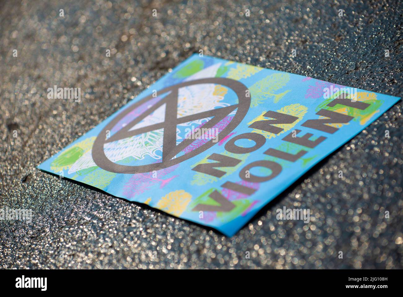 Signs used by Extinction Rebellion supporters during their occupation of Waterloo Bridge, London, in protest of environmental climate collapse. Stock Photo