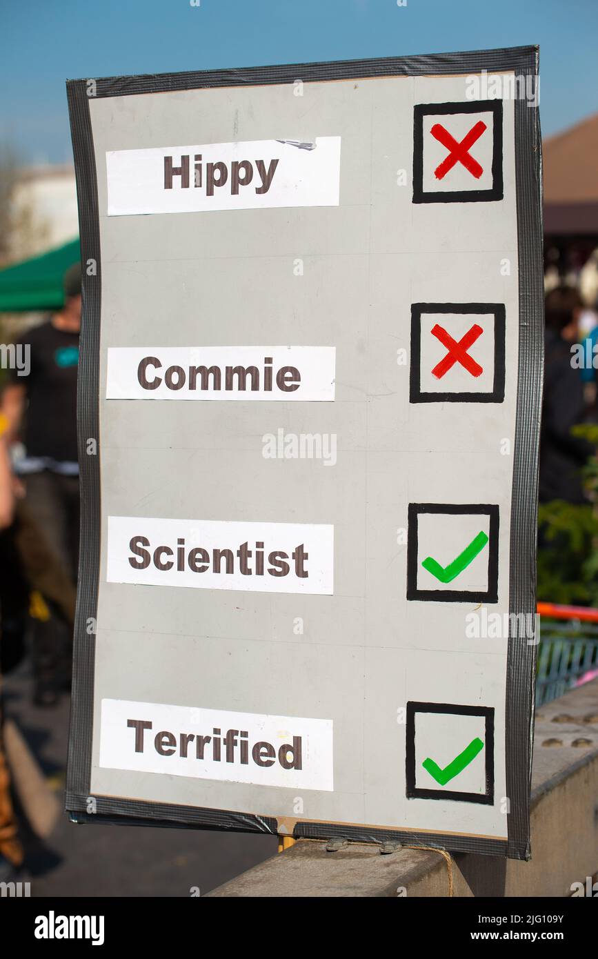 Signs used by Extinction Rebellion supporters during their occupation of Waterloo Bridge, London, in protest of environmental climate collapse. Stock Photo