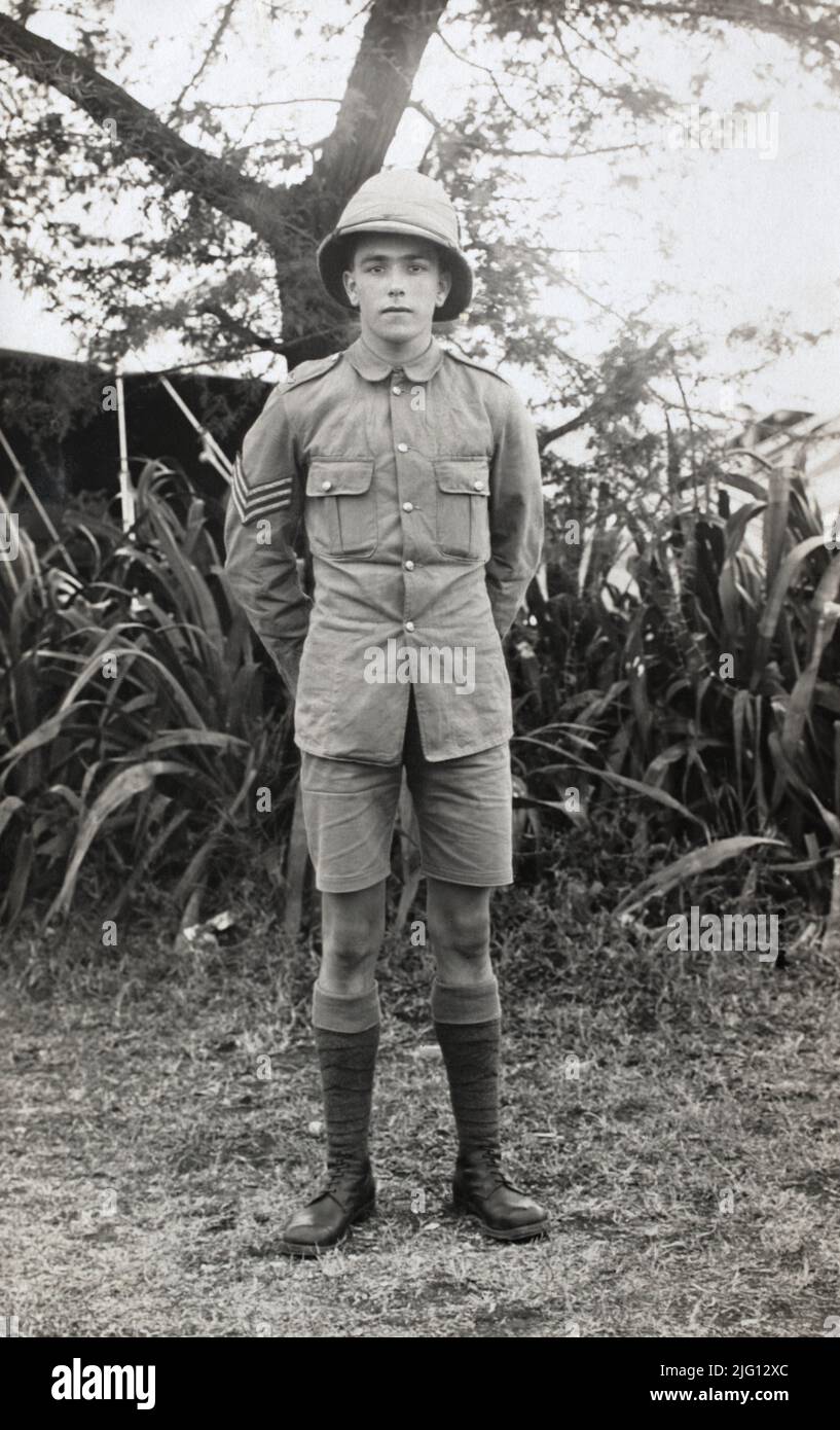 A First World War era British army soldier in tropical uniform, a young looking Sargent. Stock Photo
