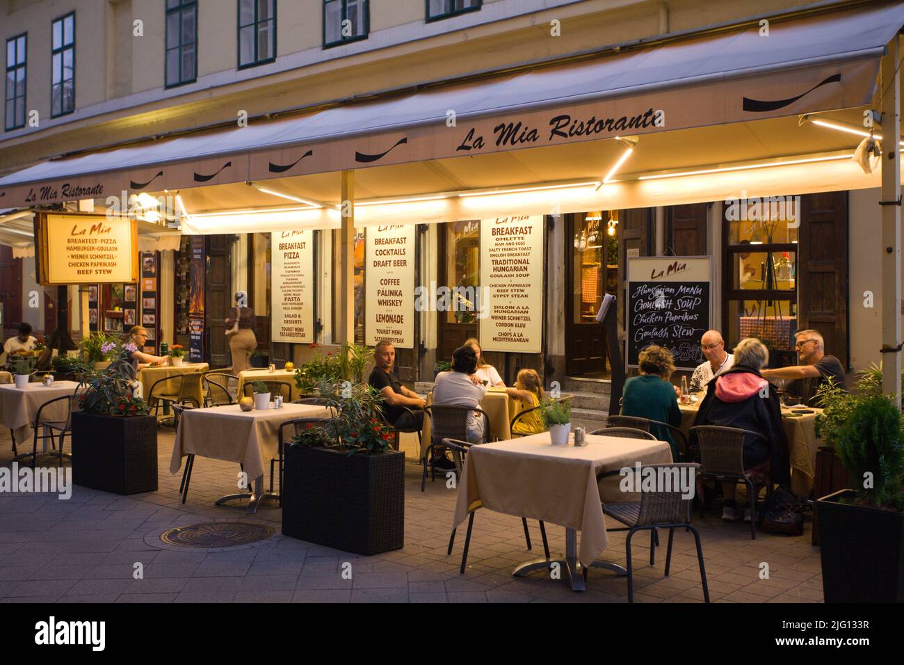 Hungary, Budapest, Raday Street, restaurant,  people, Stock Photo