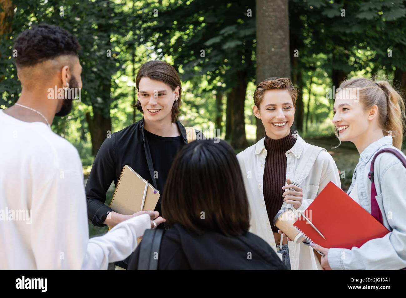 Multiethnic students with notebooks talking in park Stock Photo