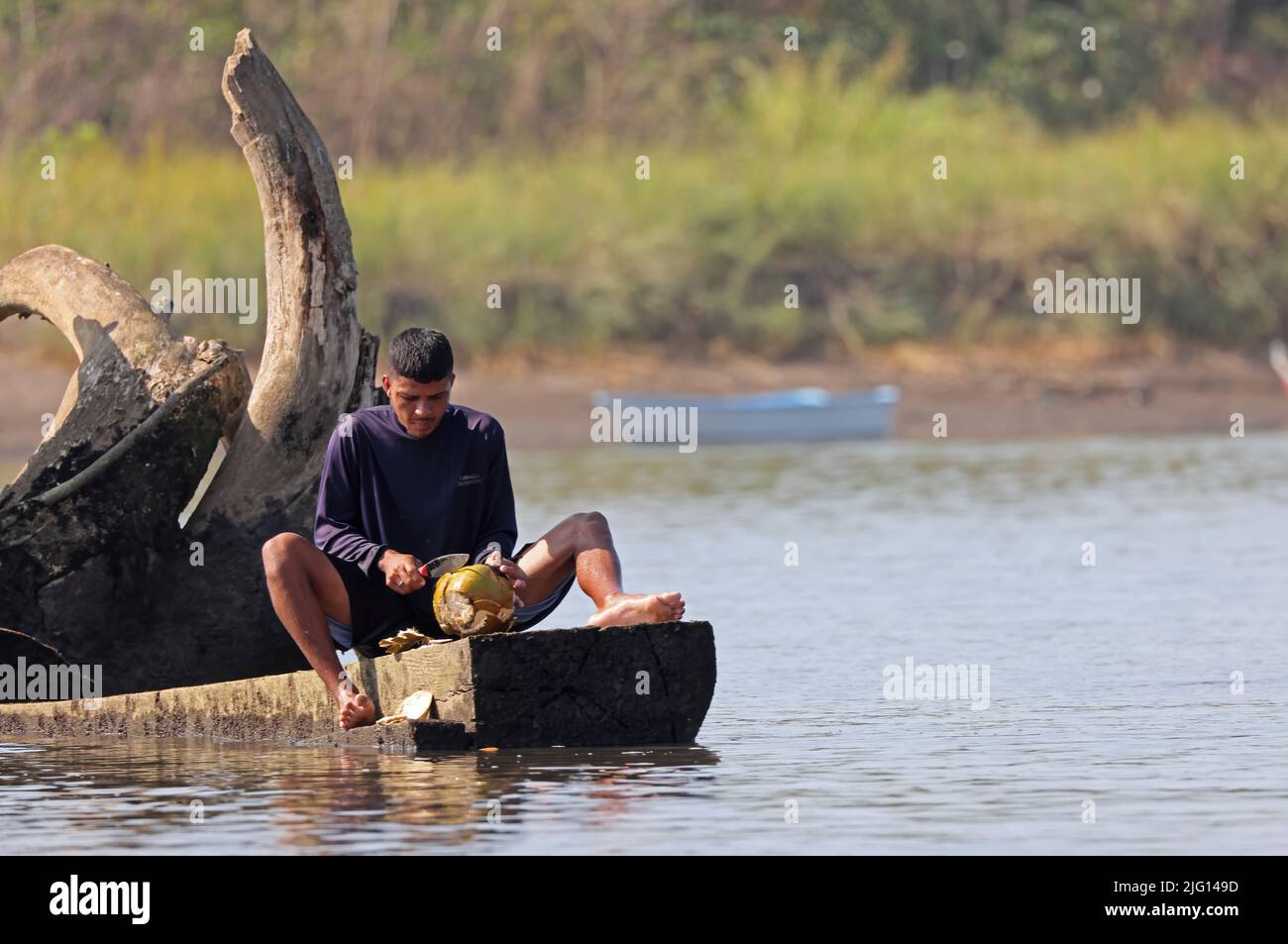 man cutting fruit for fishing bait on river Carara, Costa Rica,                    March Stock Photo