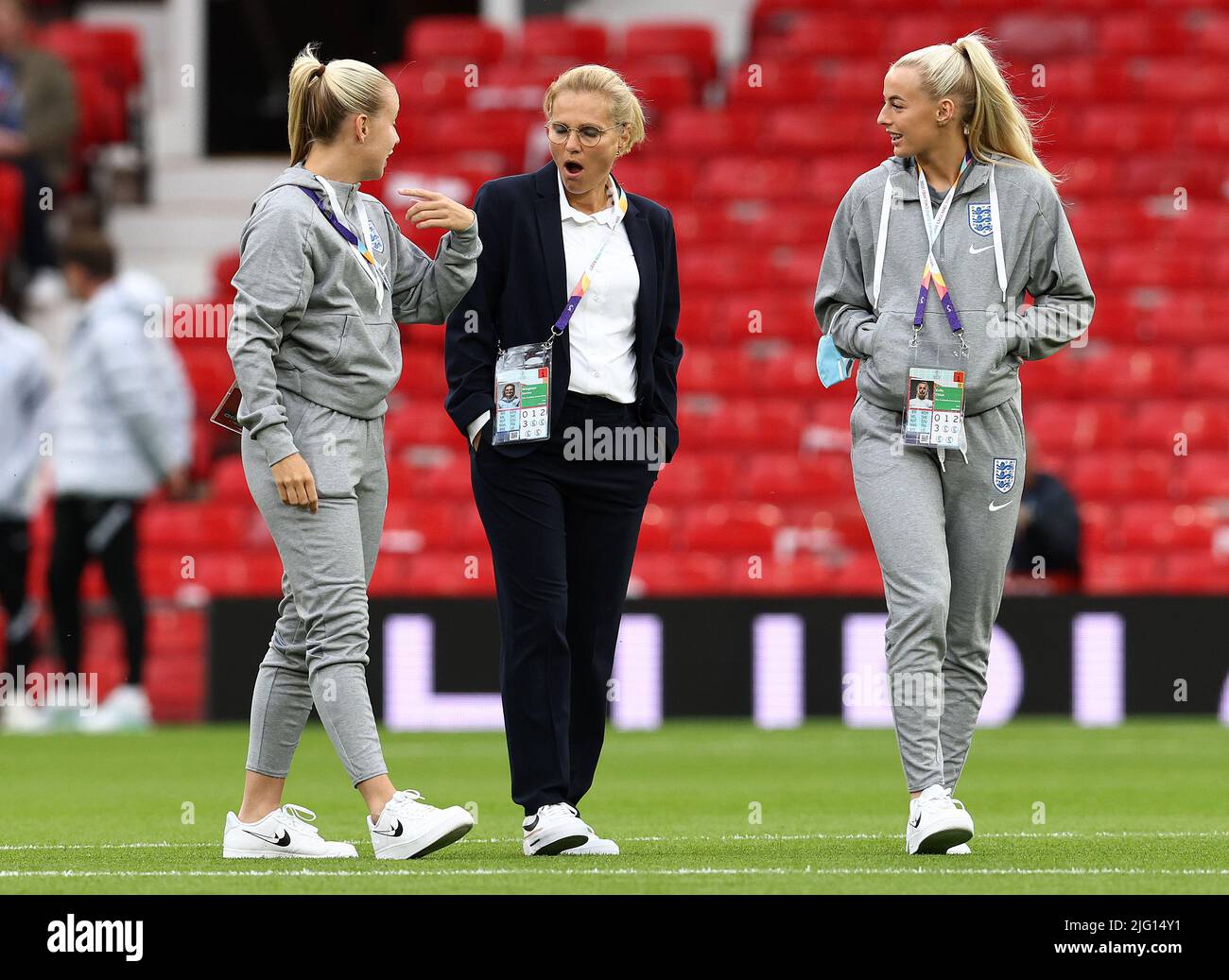 Manchester, UK. 6th July, 2022. England manager Sarina Wiegman (C) walks on the pitch with players before the UEFA Women's European Championship 2022 match at Old Trafford, Manchester. Picture credit should read: Darren Staples/Sportimage Credit: Sportimage/Alamy Live News Stock Photo