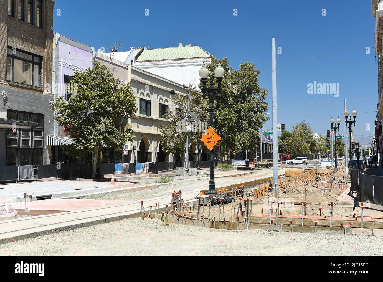 SANTA ANA, CALIFORNIA - 4 JUL 2022: OC Street Car construction on 4th Street in Downtown Santa Ana. Stock Photo