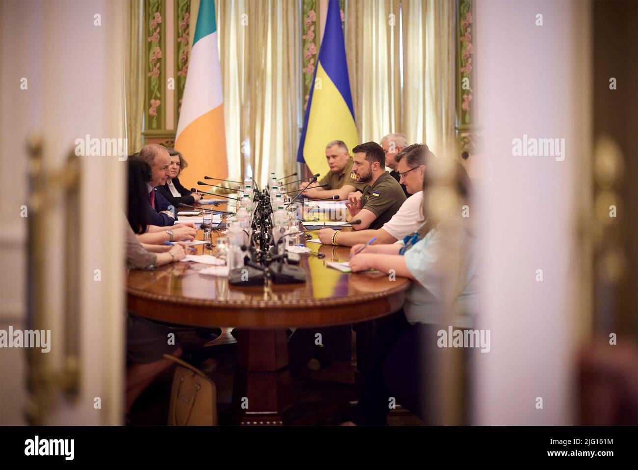 Kyiv, Ukraine. 06th July, 2022. Ukrainian President Volodymyr Zelenskyy, right, hosts a bilateral meeting with the Irish Prime Minister Micheal Martin, at the Presidential Administration Building, July 6, 2022 in Kyiv, Ukraine. Credit: Ukraine Presidency/Ukrainian Presidential Press Office/Alamy Live News Stock Photo