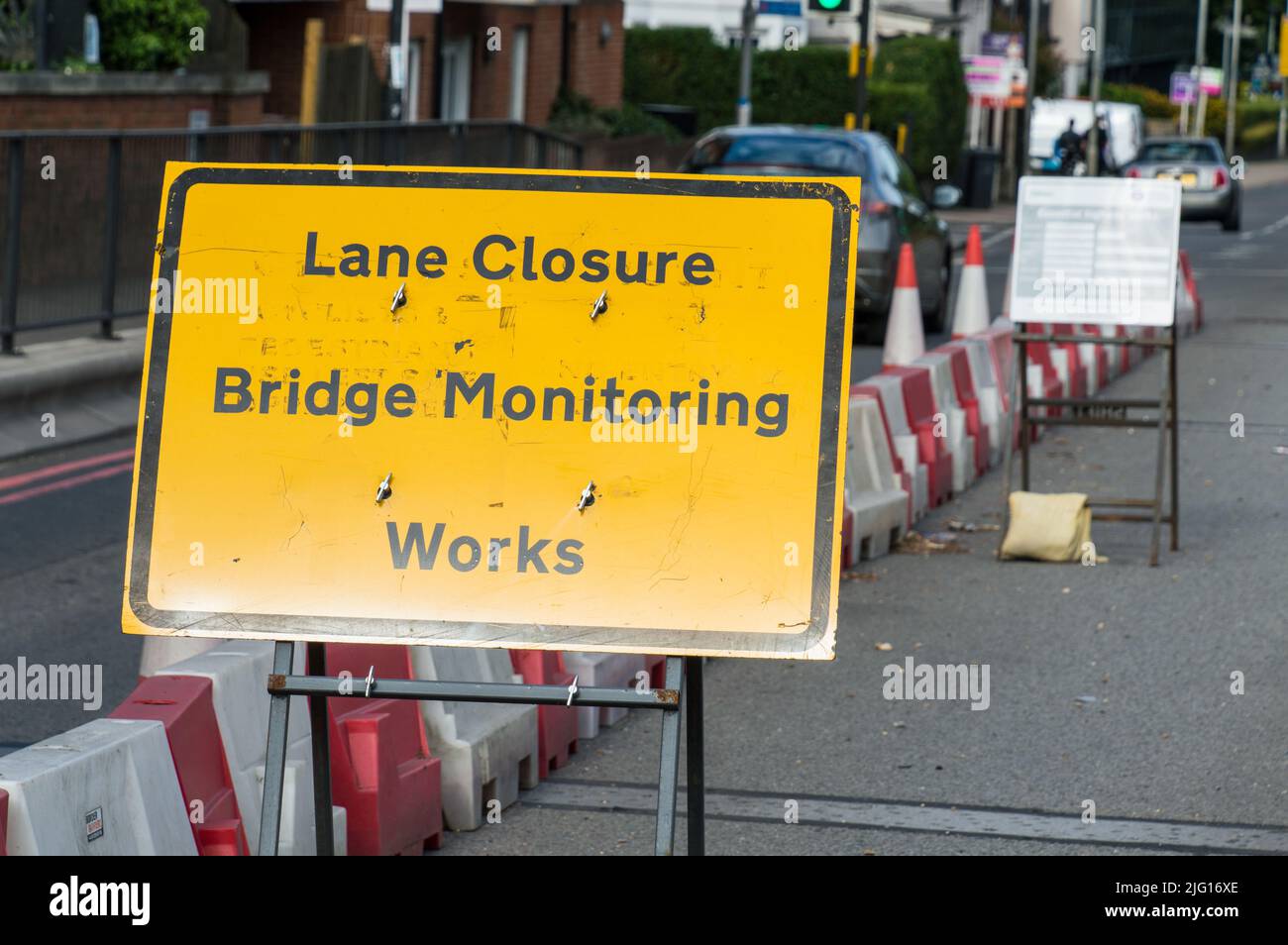 Lane Closure board on road for Bridge monitoring works Stock Photo