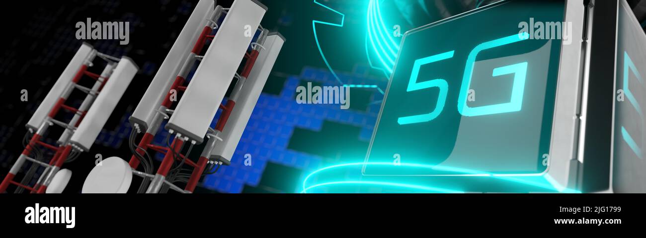 5g network concept. Cell towers next to the inscription 4g. 3d render ...