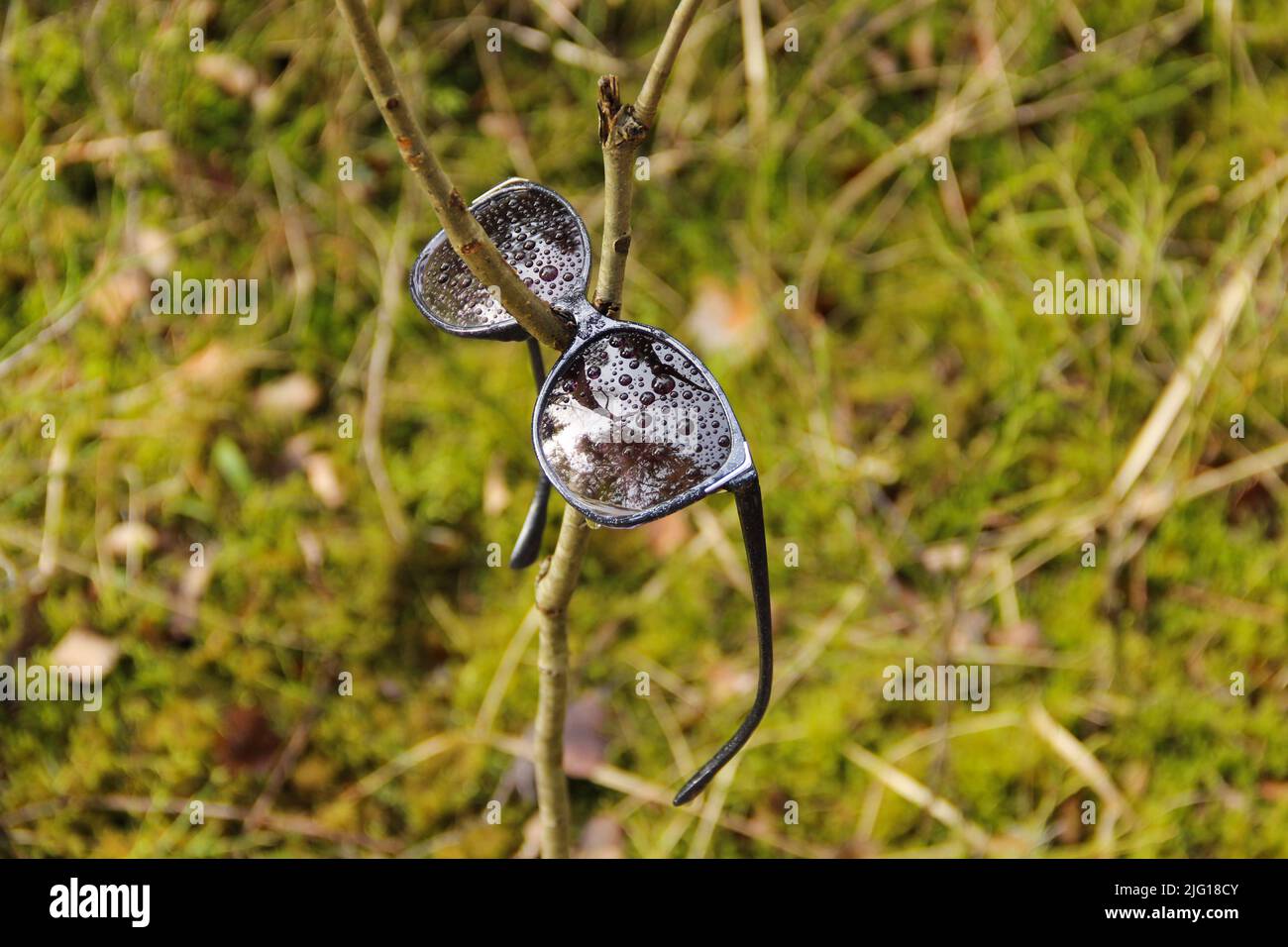 Lost sunglasses with water drops on the lenses. Stock Photo