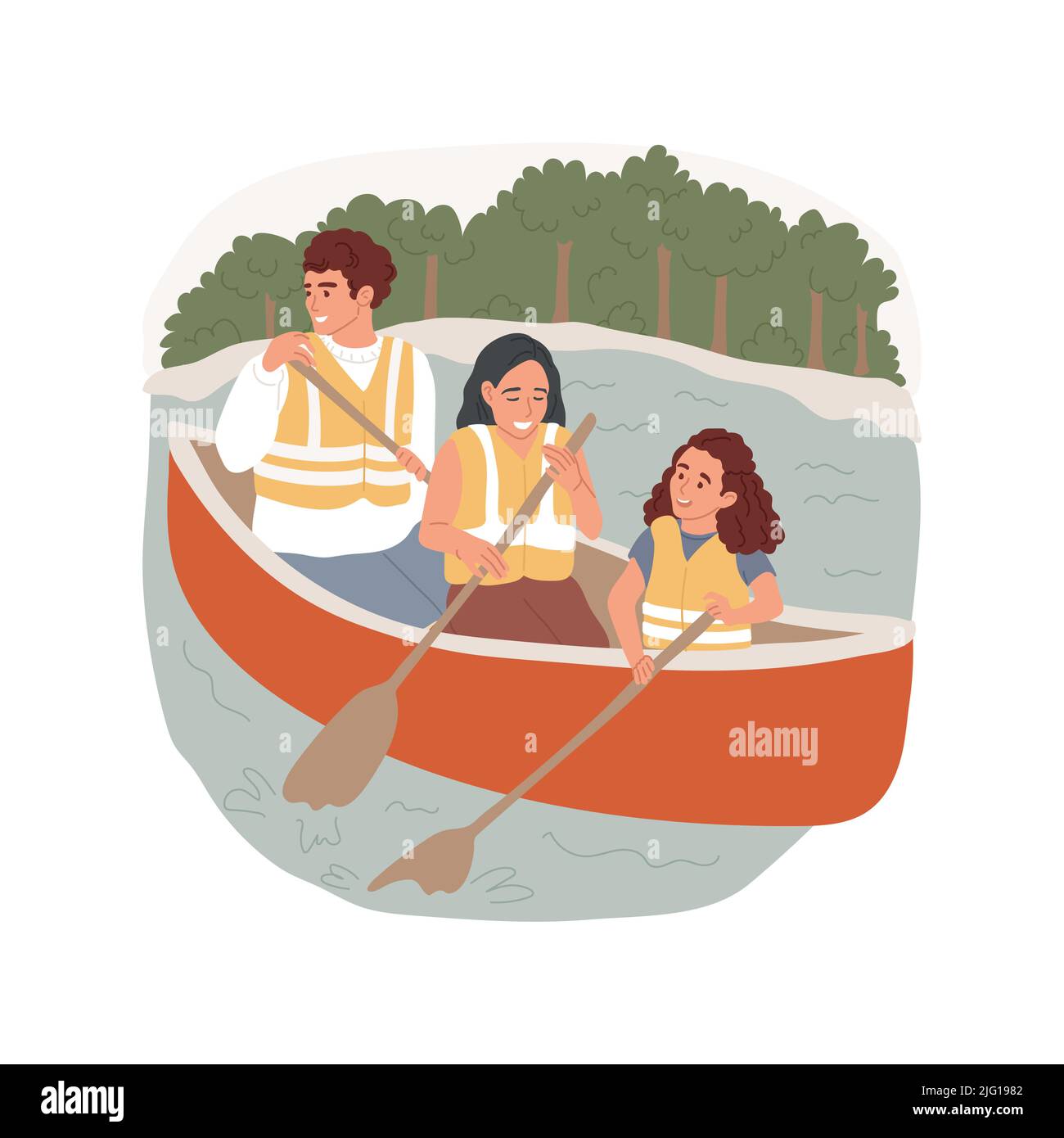 Canoeing isolated cartoon vector illustration. Parents and kids sit in canoe, holding paddle