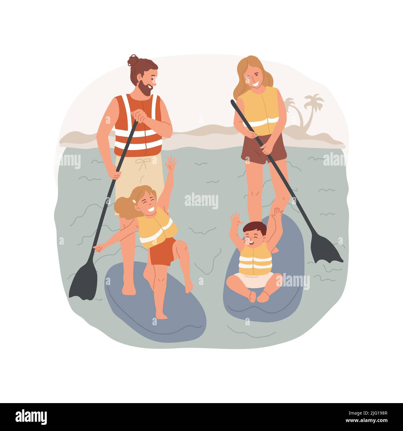 Paddleboard isolated cartoon vector illustration. Family paddleboarding on a lake, summer vacation activity, children and parents standing on a paddleboard, wearing lifejacket vector cartoon. Stock Vector