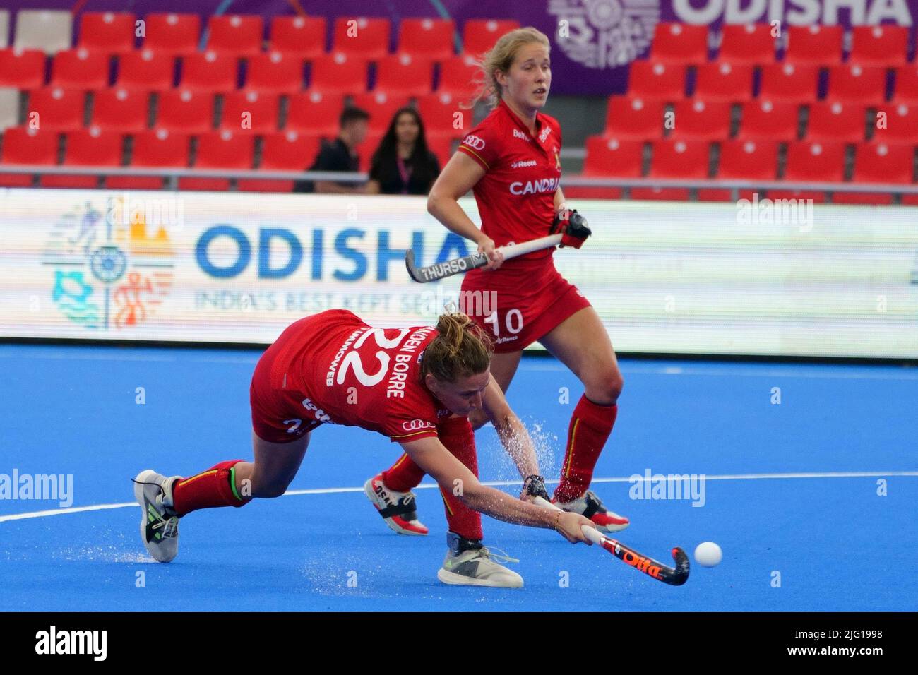 Belgium's Stephanie Vanden Borre and Belgium's Louise Versavel pictured in action during a hockey match between Belgian Red Panthers and Japan, Wednesday 06 July 2022 in Terrassa, Spain, game 3/3 in pool D of the group stage of the 2022 Women's FIH world cup.  BELGA PHOTO JOMA GARCIA Stock Photo