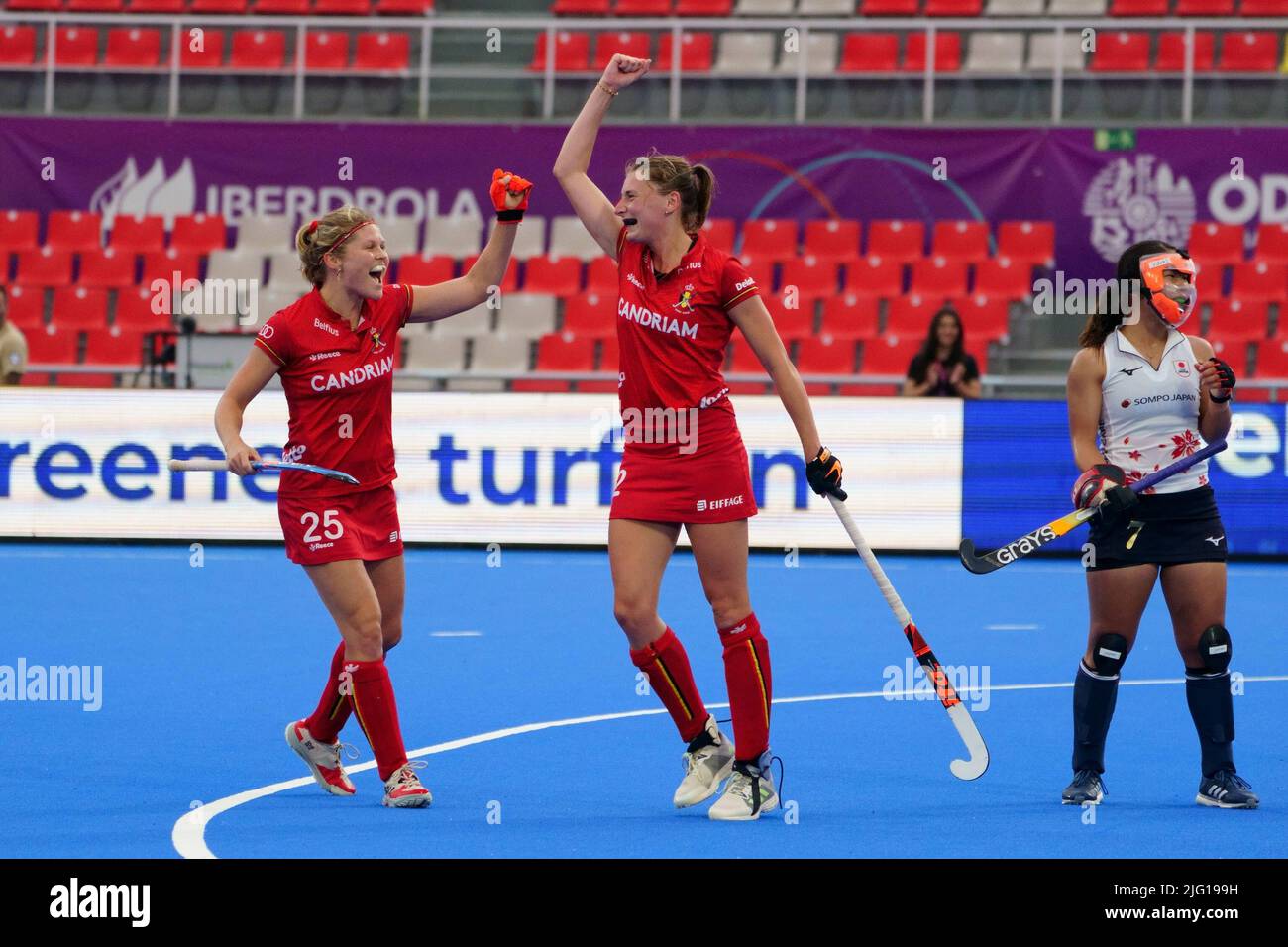 Belgium's Pauline Leclef and Belgium's Stephanie Vanden Borre celebrate after scoring during a hockey match between Belgian Red Panthers and Japan, Wednesday 06 July 2022 in Terrassa, Spain, game 3/3 in pool D of the group stage of the 2022 Women's FIH world cup.  BELGA PHOTO JOMA GARCIA Stock Photo