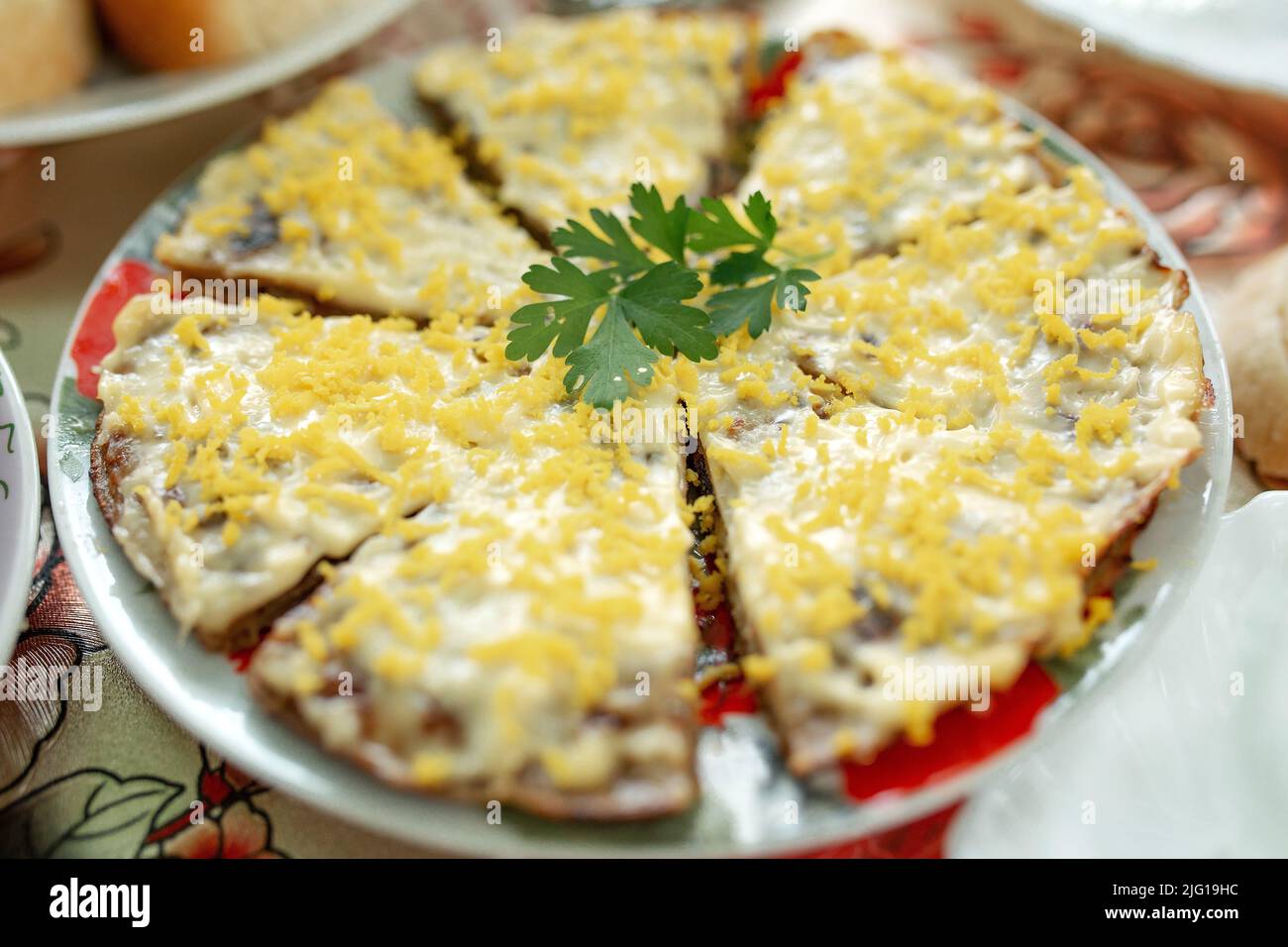 Liver cake on the festive table. Ukrainian dish, food, birthday Stock Photo